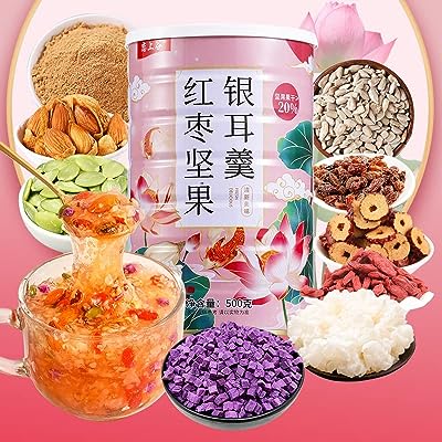 奇亚籽坚果藕粉羹500g/缶装颗粒早餐红枣银耳代餐粉桂花藕粉冲泡速溶健康营养早餐速食食品奇亜種子堅果紅枣銀耳代食粉桂花蓮根粉進泡インスタント健康栄養朝食インスタント食品 (ナツメナッツ銀耳羹,1缶)