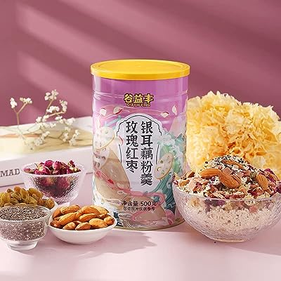 玫瑰红枣银耳坚果藕粉羹500g 健康营养零食 速食学生早餐 五谷杂粮 中国藕粉 ローズナツメ銀耳ナッツレンコン粉末スープ 健康栄養スナック ファーストフード学生朝食 五穀雑穀 中国レンコン粉末 (1缶)