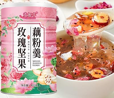 麦趣丰玫瑰花瓣坚果藕粉羹400g/缶 即食代餐 坚果水果速溶莲子藕粉羹 健康养生 营养早餐饱腹代餐粉 速食冲泡 即食冲饮代餐粥 甘い香りのモクセイナッツ レンコンでんぷん レンコンでんぷんを醸造 ハスの実の粉 ファイブグレインスープ フルーツスープ (1缶)