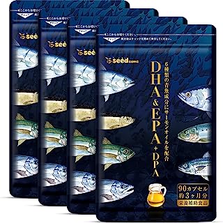 シードコムス DHA & EPA + DPA サプリメント 6種類の青魚成分 サーモンオイル 天然のアスタキサンチン含有 美容 健康 ダイエット サプリ (約12ヶ月分 360粒)