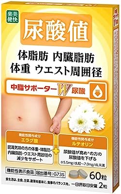 【機能性表示食品】 日新薬品工業 楽健美快 中脂サポーターW 尿酸 60粒(30日分) エラグ酸 ルテオリン 体脂肪 内蔵脂肪 尿酸値 を下げる ダイエット