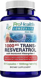 ProHealth 1,000 mg トランスレスベラトロール。純度 99.5%、420mg のポリフェノール複合体 (ケルセチン、赤ワイン & 緑茶抽出物、バイオペリン) により吸収15 倍 (60 X 500mg カプセル = 30 X 1000mg サービング)